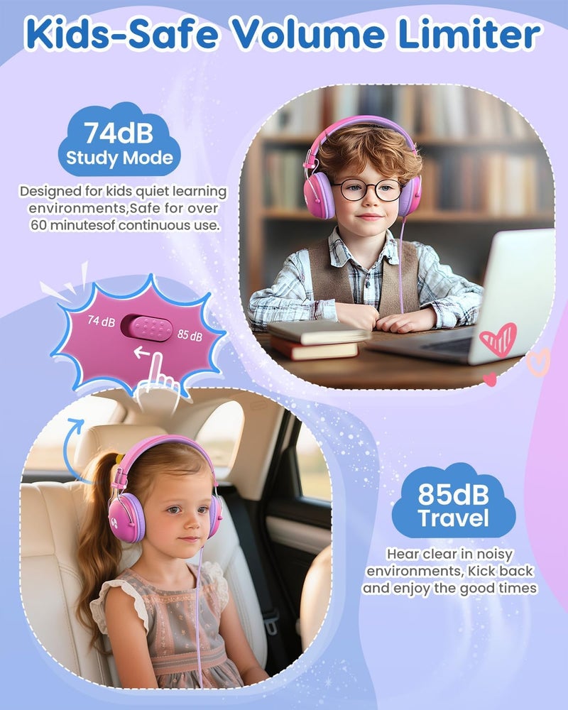 awatrue Kids Headphones, 74/85dB Safe Volume Limit, Stereo Sound, Wired On-Ear Headphones for Kids Boys Girls, 3.5mm Jack for Tablet, iPad, Kindle, YOTO Player, Airplane Travel, Pink - Image 3
